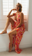 Women V - neck Printing Slip Dress Sexy Split Maxi Dress - 