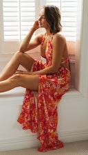 Women V - neck Printing Slip Dress Sexy Split Maxi Dress - 