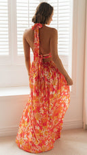 Women V - neck Printing Slip Dress Sexy Split Maxi Dress - 