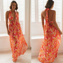 Women V - neck Printing Slip Dress Sexy Split Maxi Dress - 