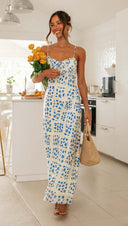 Women Wear Spring Summer Sexy Slim Fit V Neck Brace Printed Backless Long Dress - 