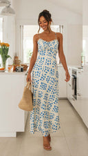 Women Wear Spring Summer Sexy Slim Fit V Neck Brace Printed Backless Long Dress - 
