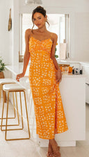 Women Wear Spring Summer Sexy Slim Fit V Neck Brace Printed Backless Long Dress - 